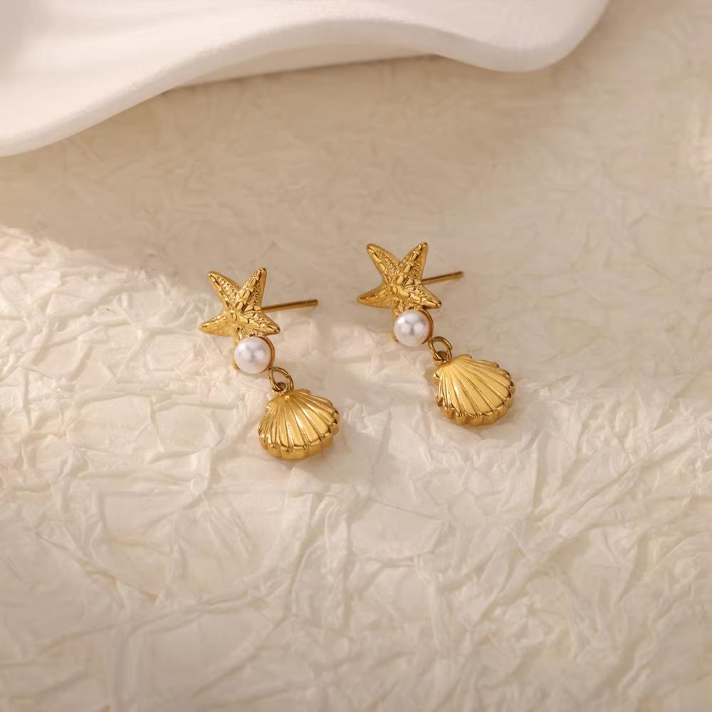 Dainty Hanging Shell Pearl Starfish Stud Earrings For Women Elegant Gold Color Stainless Steel Drop Earrings Jewelry Party 2025