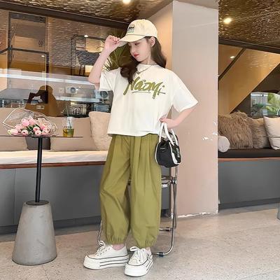 Summer Short Sleeved Set for Girls, Casual Mosquito Repellent Pants for Girls, Summer Stylish Two-piece Set for Medium and Large Children