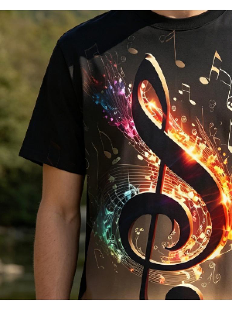 Men's Music Note Print T-Shirt - Music-Themed Digital Crew Neck Short Sleeve Tee with Musical Staff, Casual & Sportswear Suitable for Daily Wear, Gym,