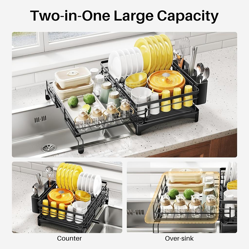 Expandable 2-in-1 Dishware Drain Rac-Space Saving,Rust Proof Metal Dishware Drain Rack with Pot Slot,Dish Rack and Drain Board, Kitchen Sink Finishing