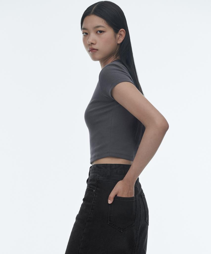 MUSINSA STANDARD WOMAN Women'S Slim Crop Crew Neck T-Shirt [Dark Grey]