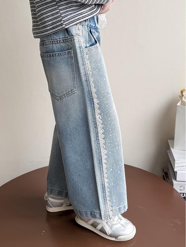 Girls' Rhinestone Lace Denim Pants - Spring/Autumn 2026: Stylish Wide-Leg Fashion for Little Girls