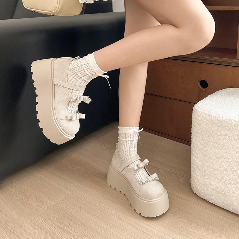 Fashion 2025 New Women Mary Jane Shoes Autumn Round Toe Vintage Bow Knot Platform Shoes Height Increase Comfortable Fashion Single Shoes