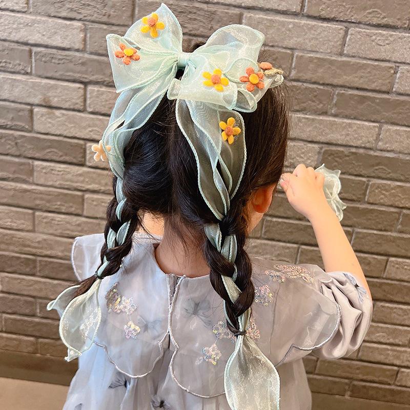 Children'S Hair Accessories Flower Bow Ribbon Hairpin Girls Braided Mesh Hairpin Princess Summer Super Fairy Headband Women