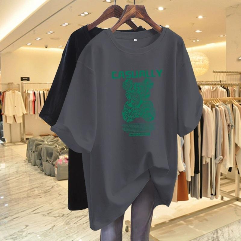 Pure Cotton Bear Print Short Sleeve T-shirt for Women In Summer New Loose Large Size Mid-Length Top for Butt