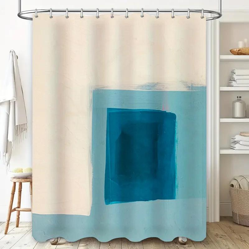 Blue and White Artistic Shower Curtain Set Watercolor Square Design for Bathroom Decor Waterproof Fabric with Hook Rin