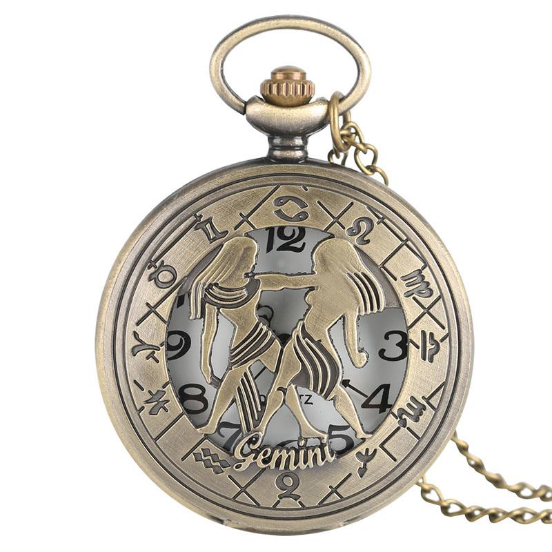 12 Constellation Astrology Zodiac Retro Pocket Watch Bronze Necklace Pendant Mens Women Hollow Flip Cover Quartz Christmas Gifts