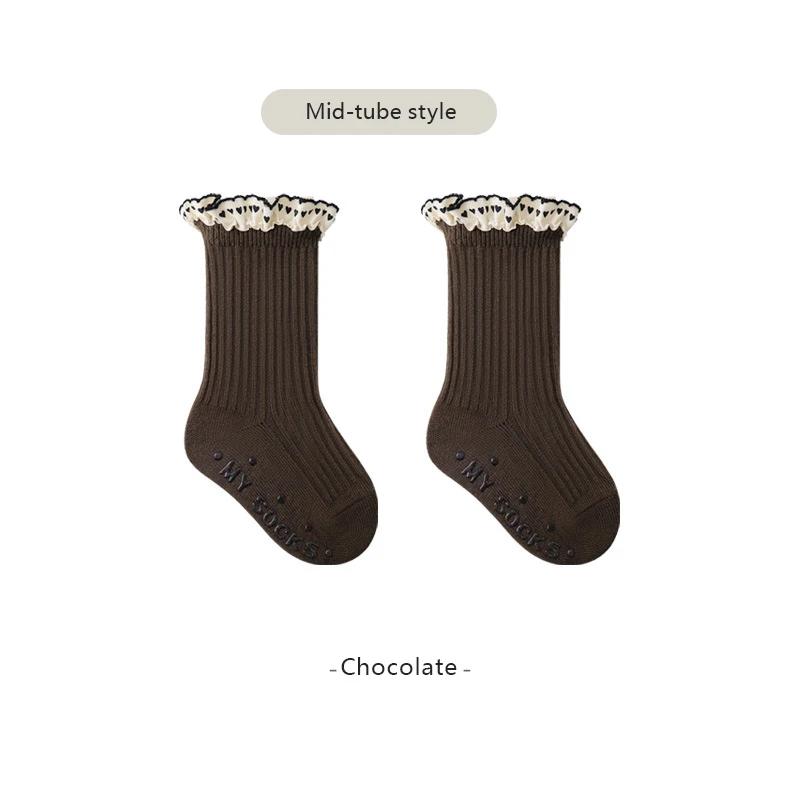

Осенние детские носки средней длины, детские кружевные носки принцессы, винтажные однотонные детские носки для девочек, длинные носки-трубы L(3-5Y)