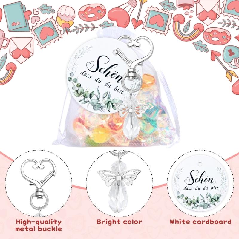 30Pcs Angel Wing Charm Keychain Decorative Key Holder with Drawstring Gauze Bag and Labels for Baby Showers Wedding