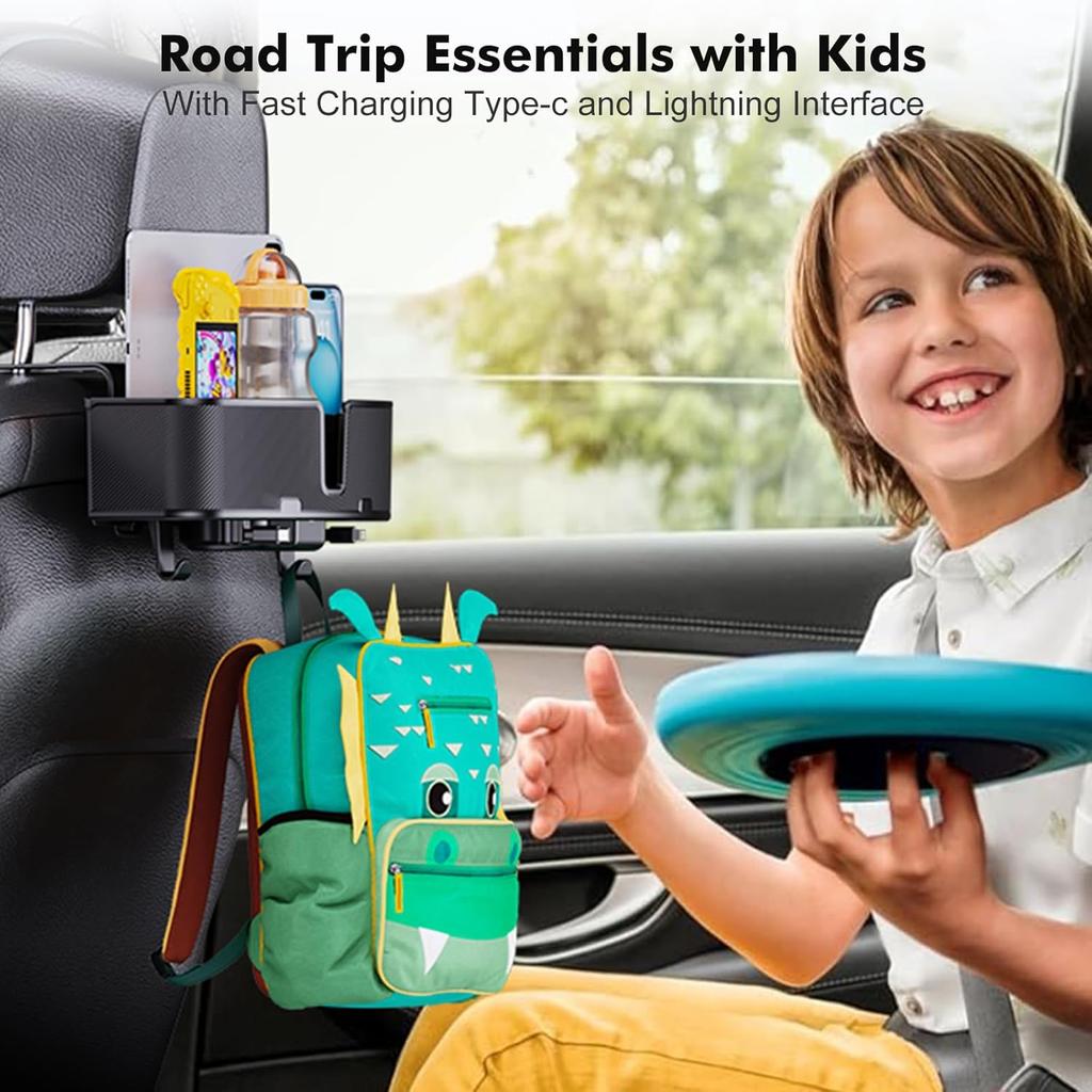 Car Headrest Cup Holder for Back Seat Organizer for Type-c/Lightning Retractable Charging Cables Multi- Hanging Snack Storage Box with Strong Hooks