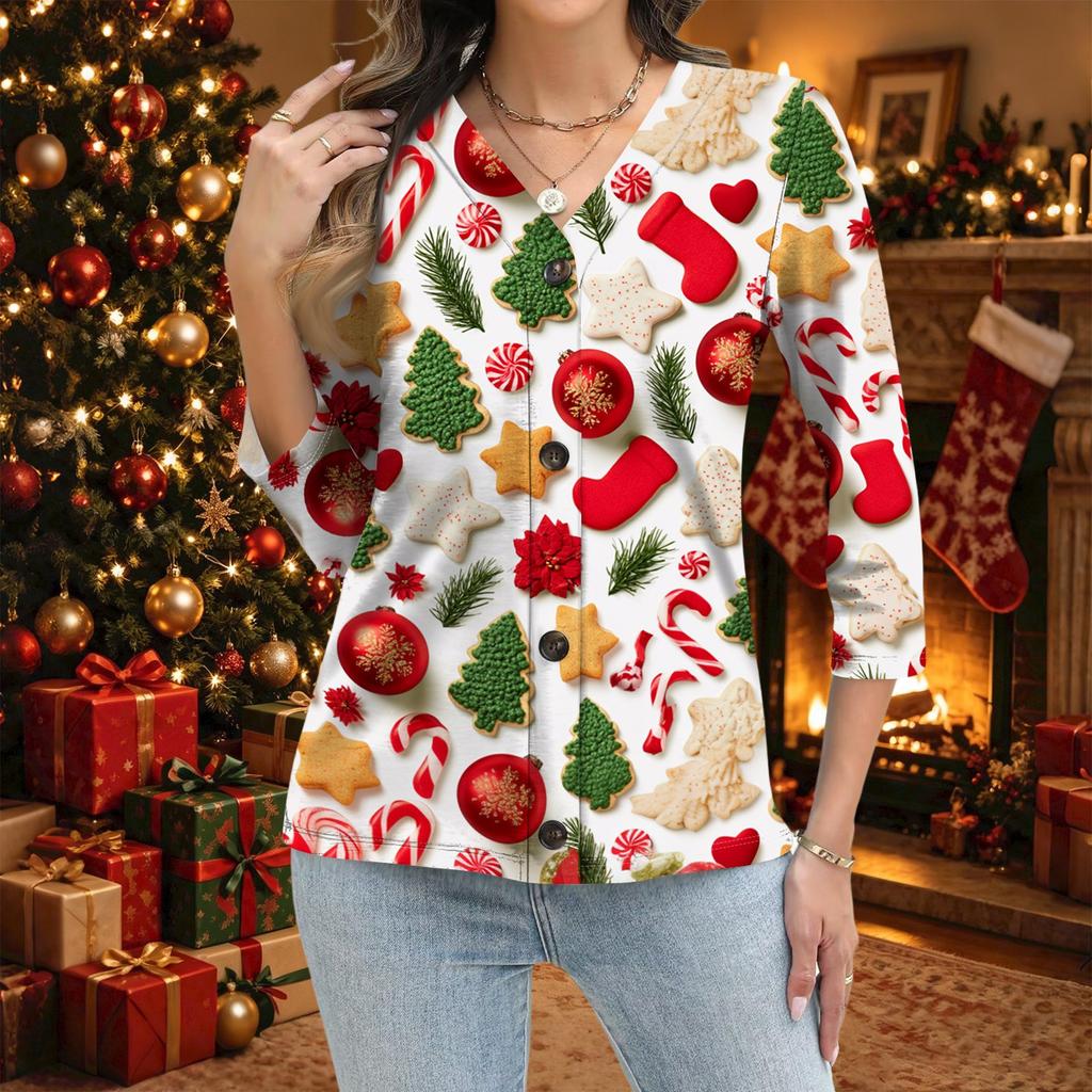 Women's Casual Christmas Print Button Down Shirt with Three-Quarter Sleeve