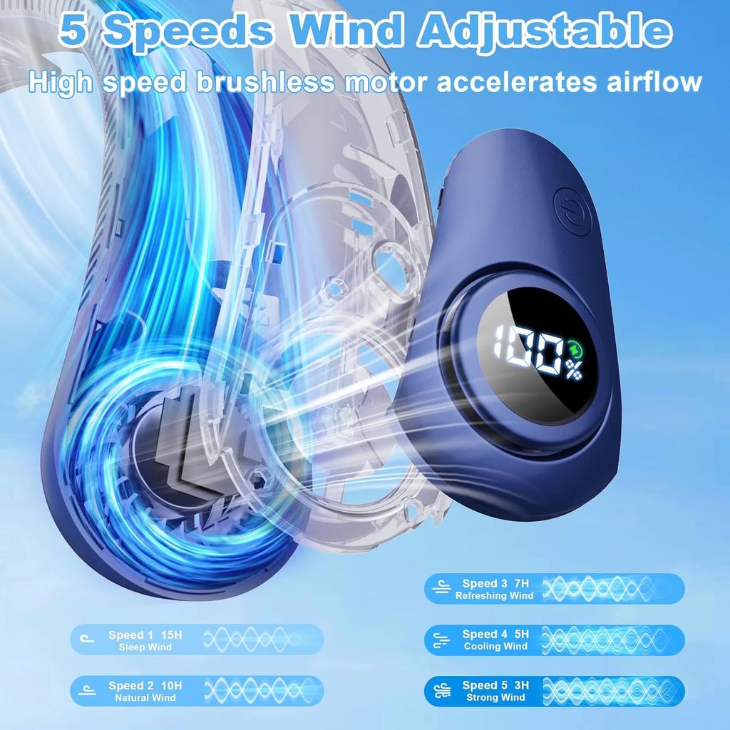 Portable Neck Fan That Blow Cold Air, LED Display, Rechargeable Hands-Free Wearable Cooling Personal Fan, 5 Speed, Neck Support, Bladeless Neck Air
