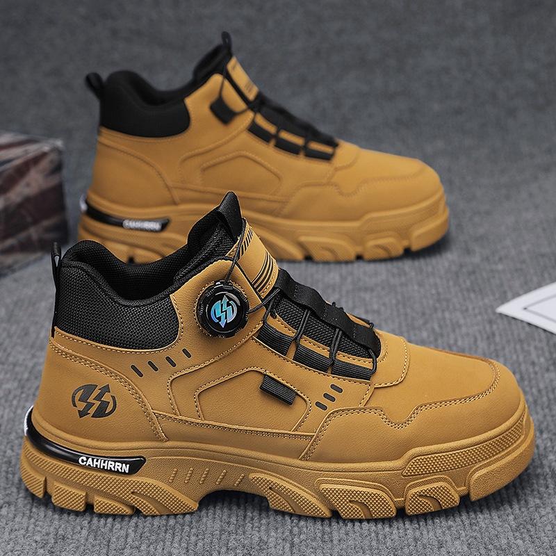 High-top Men's Shoes Leather Martin Boots Men's Autumn and Winter 2024 New Tooling Locomotive Shoes Men's Rotating Button Trendy Shoes