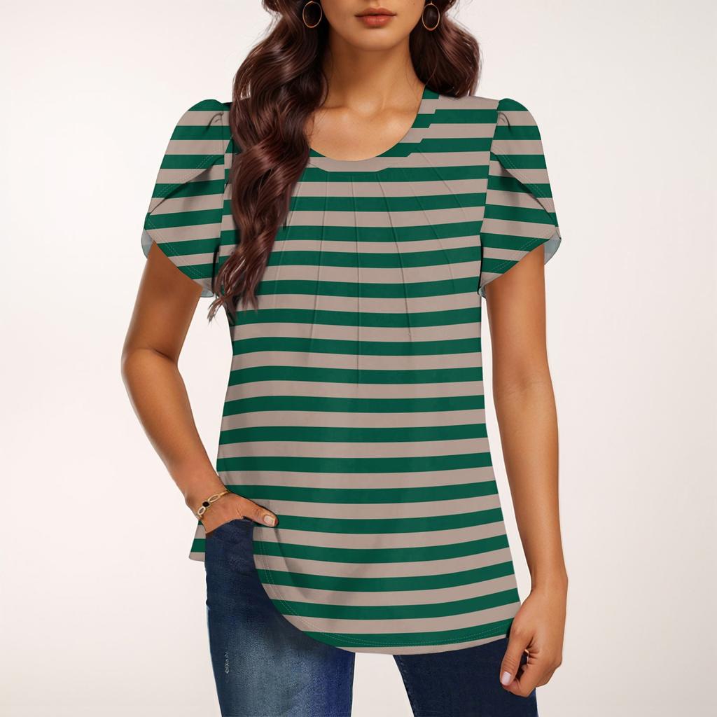 Women's Fashionable Round Neck Short Sleeve Print Casual Basic Pleated Pullover T-shirt Top