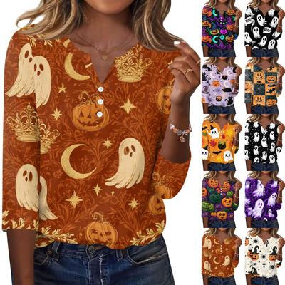 Women V Neck Button Front Halloween Print Casual 3/4 Sleeve T Shirt Top Lightweight Soft Fabric Comfortable Fit