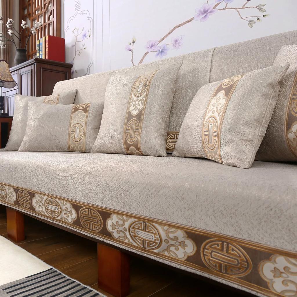 Chinese Non-Slip Sofa Cover Beige Edging Cover Towel Leather Sofa Cushion Modern Simple 4 Season Universal Home Protection Cover
