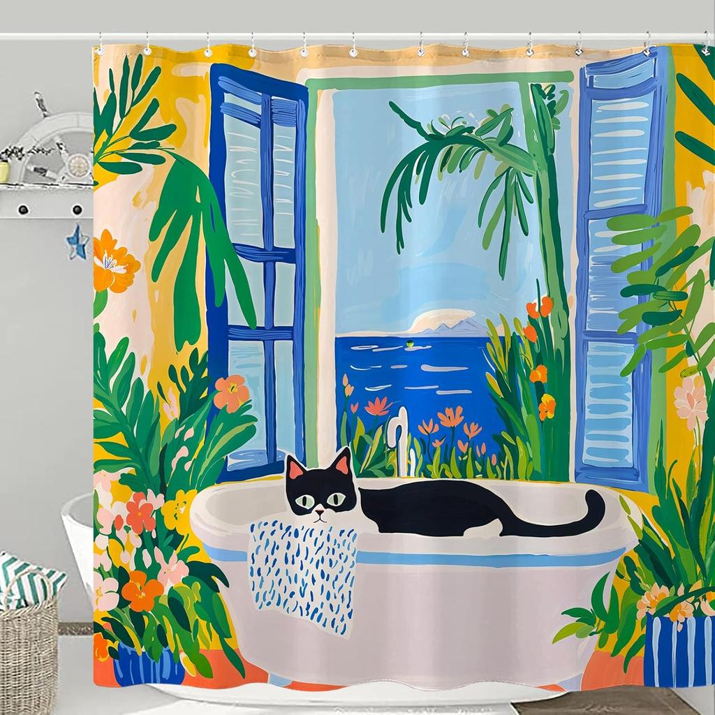 Malerisches Katzen-Duschvorhang-Set Entspannender Fensterblick Wasserdichter Badezimmer-Duschvorhang Tropischer Naturdruck Ruhige Wohnkultur