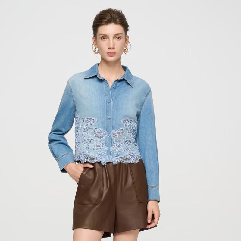 

ELLASSAY Women s Retro Denim Hollow-Out Embroidered Long Sleeve Shirt L