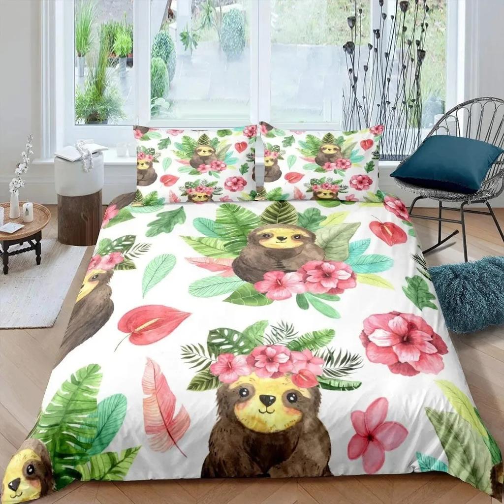 Kids Sloth Duvet Cover Set Queen King Size Cute Animal Pattern Polyester Comforter Cover Branches Winter Theme for Boys Girls