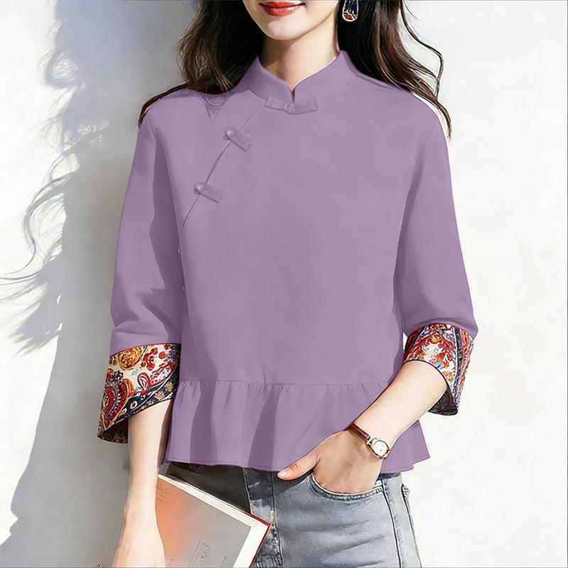 ZANZEA Damen Lässige Stehkragen Patchwork 3/4 Ärmel Retro Bluse