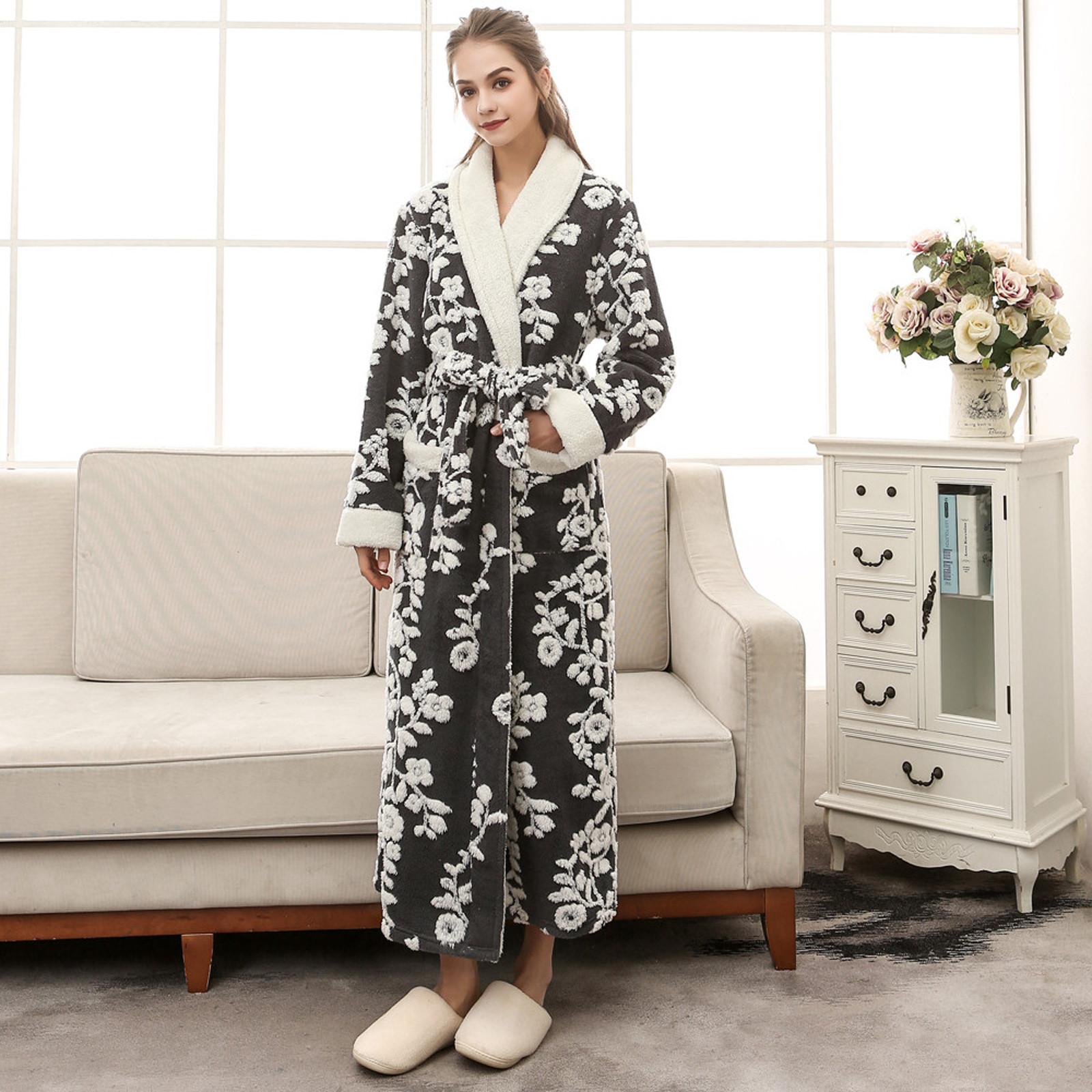 Winter Verdikte Flanel Kimono Badjassen Vrouwen Vintage Bloemen Jacquard Dames Verdikte Warme Pluche Badjas Pyjama's Nachtkleding XL zwart