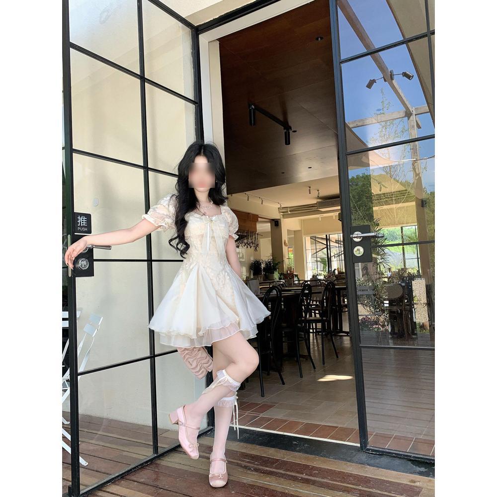White moonlight temperament, cut flowers, fluffy, casual, high-end charm, mesh patchwork dress, princess dress