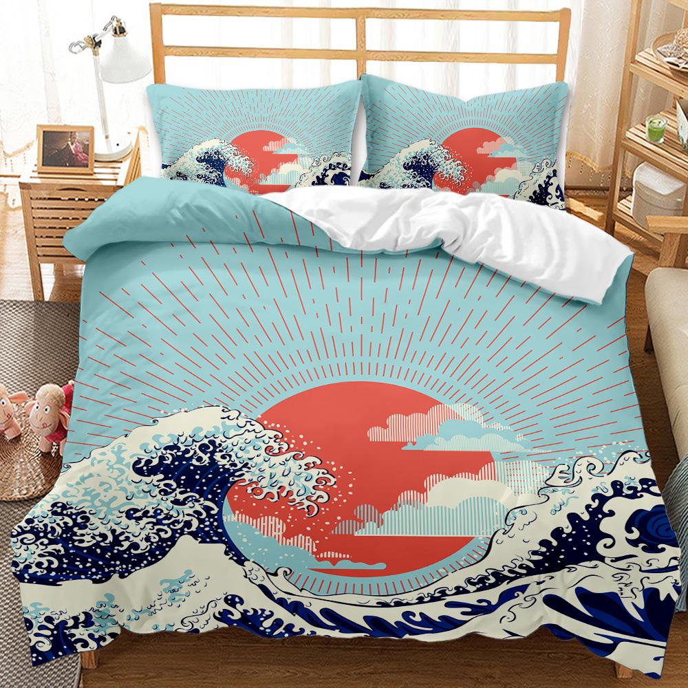 Japanese Style Comforter Cover Set Cherry Blossoms Crane 2/3pcs Polyester Bedding Set Sea Waves Duvet Cover Set Twin Queen Size