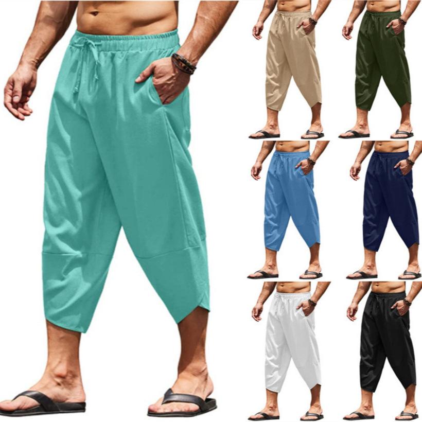 Men's Capri Summer Cotton and Linen Pants Pants Solid Color Scarf Elastic Waist Clamping Cord 3/4 Length Shorts Baggy Casual Pan