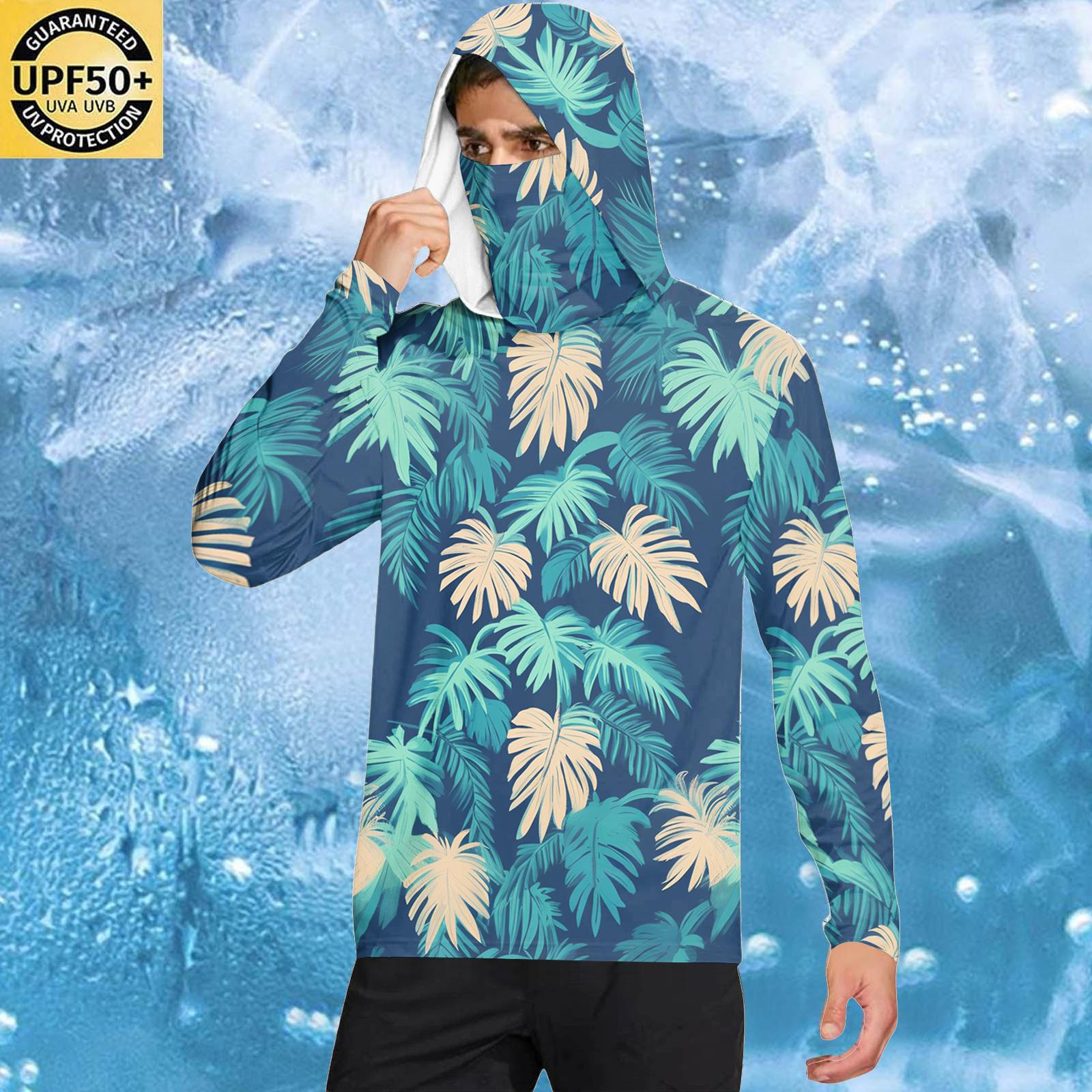 

Men’s Long Sleeve Hooded Shirt with Built-In Face Covering Lightweight Pullover with Tree Print for Outdoor Activities L синий