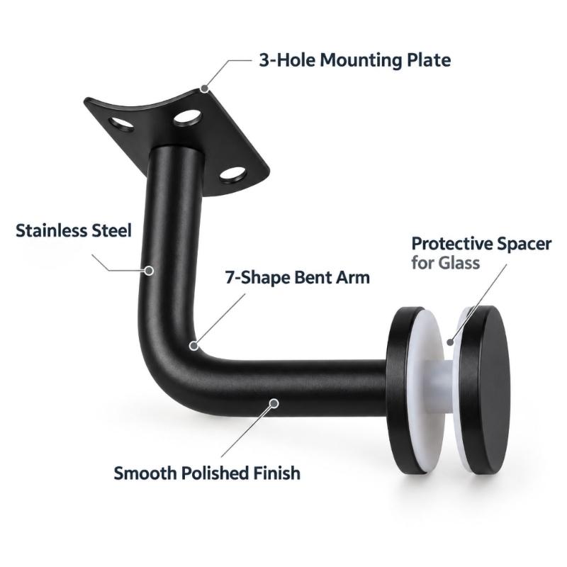 2-Piece Glass Support Hardware Set for Stair Rail, Featuring a Black Finish and Fixed-Plate Form for Mounting Tasks
