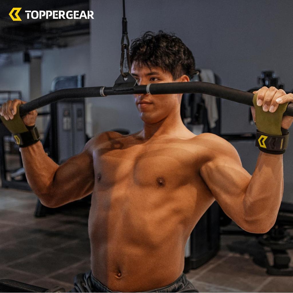 TOPPERGEAR Power Grips, Genuine Leather, Strength Training Grips, Suitable for Weightlifting and Rowing Exercises (Green, Medium Size)