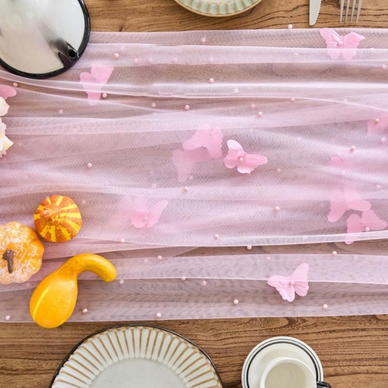 Mesh Lace Table Runner With Beaded and Embroidery 3D Butterfly Sheer Tulle Fabric Tablecloth For Dining Table Decors