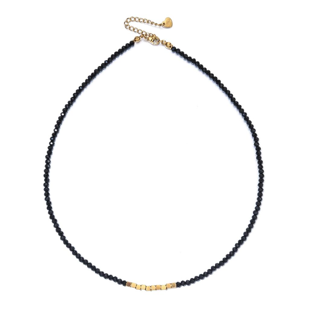 Stainless Steel Colorfast Light Luxury Necklace with Retro Black Glass Beads – Fashionable Clavicle Chain Choker