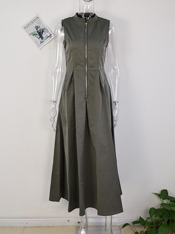 2025 Spring Women's Sleeveless Solid Color Dress with Zipper Waist and Pockets