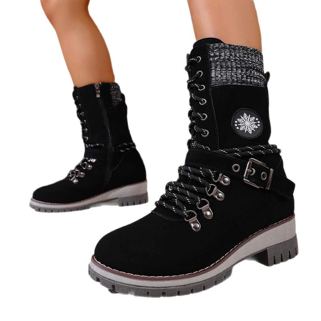 2025 winter new medium women's boots round head square heel leather buckle wool splicing Martin boots large size snow boots