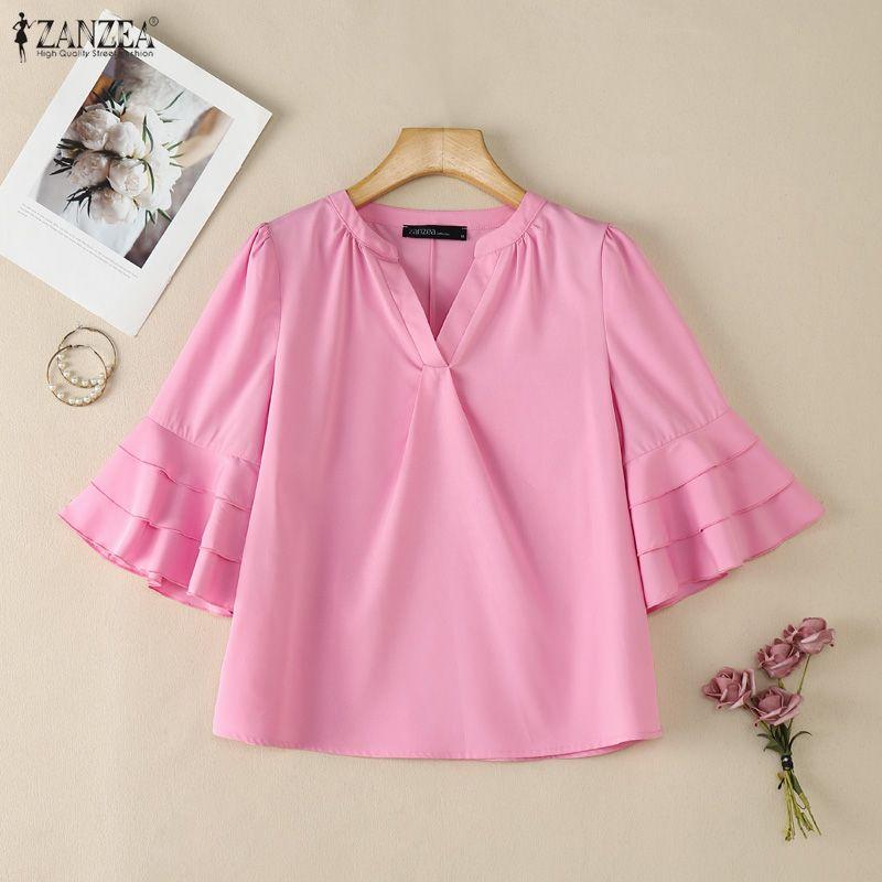 ZANZEA Women Casual V-Neck Ruffles Half Sleeve Loose Blouse
