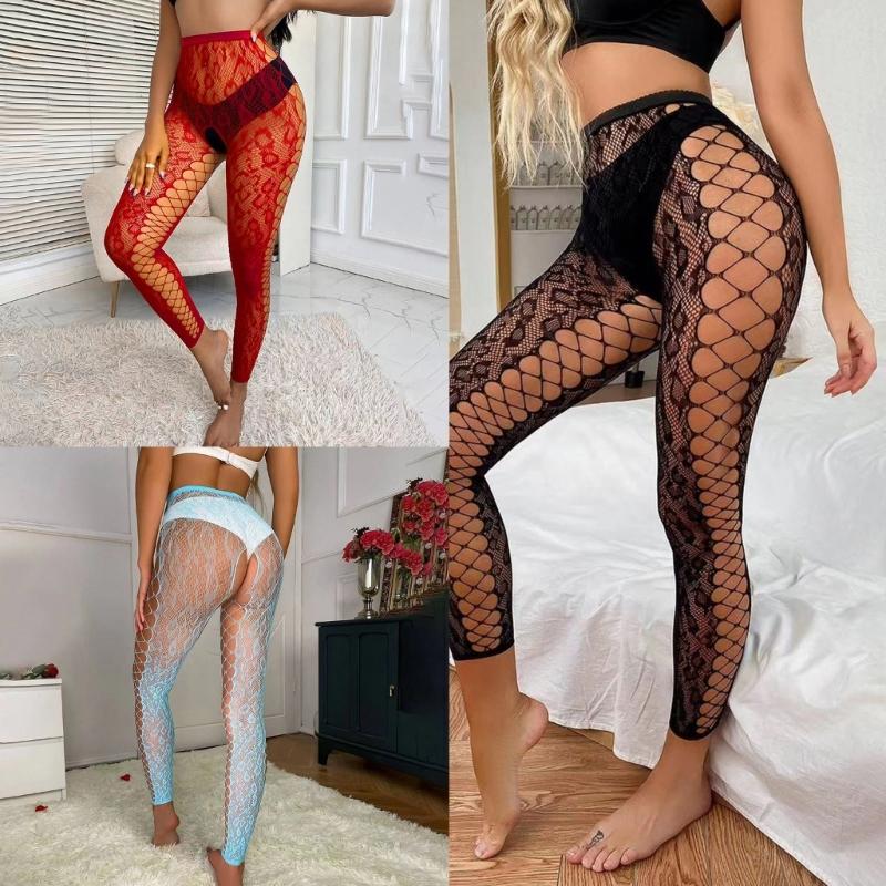 Side Crisscross Hollow-Out Mesh Stockings Pantyhose for Women Sexy Crotch Opening Footless Fishnet Net Tights Leggings