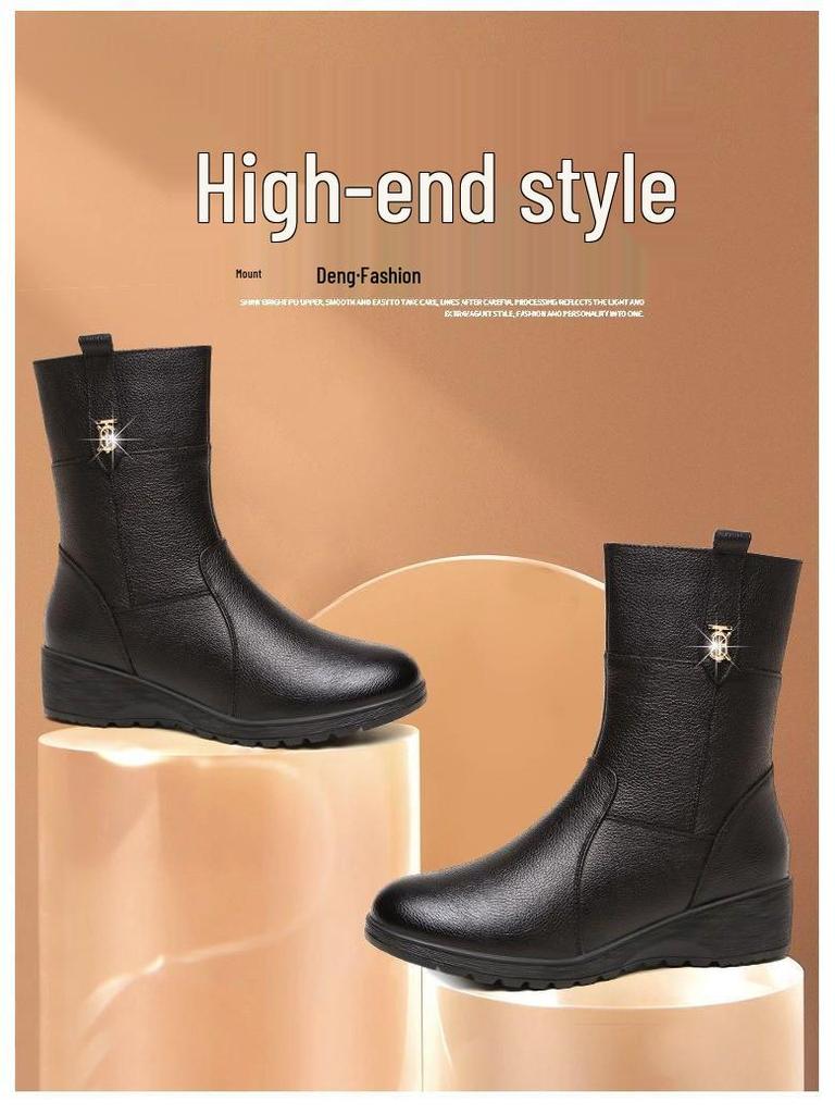 2025 Autumn/Winter Women's Fleece-Lined Wedge Heel Non-Slip Mid-Calf Cotton Martin Boots with Short Height Insole