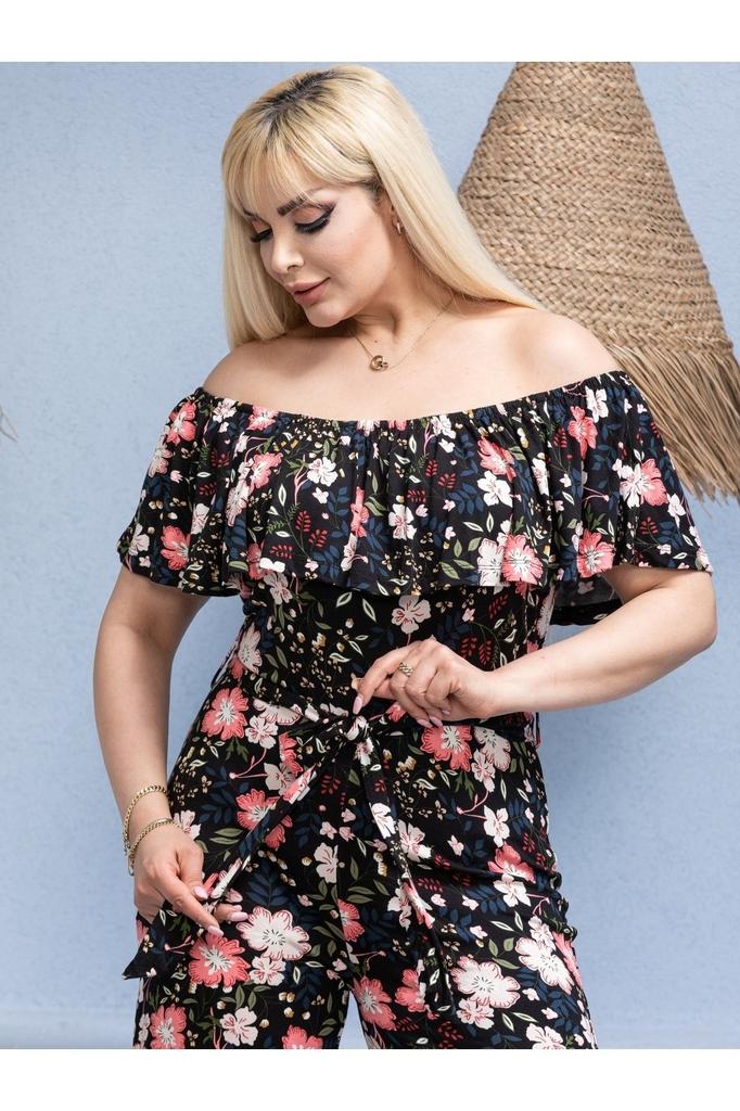 Women's Style Big Size Overalls Plus Size Gathered Madonna Collar Belted Flexible Viscose Jumpsuit