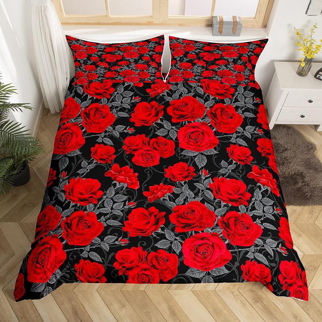 Red Rose Duvet Cover Set King Size for Girls Water Drops Bedding Set Romantic Rose Flowers 2/3pcs Comforter Cover for Couples