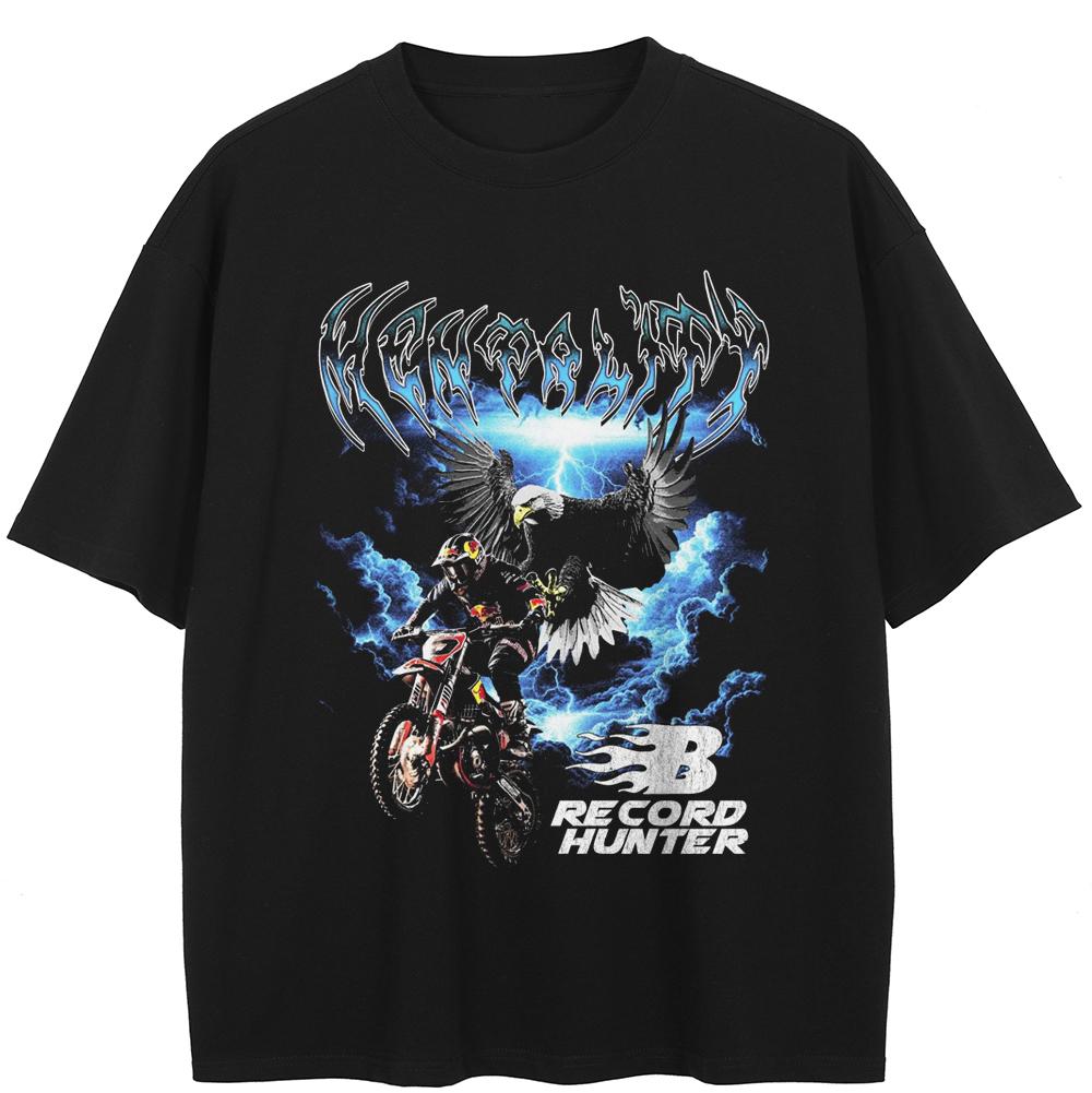 

2026 Мужская футболка черного цвета с эффектом стирки, уличная одежда QUARTER 24, графический принт с орлом A37T003 XXL чёрный