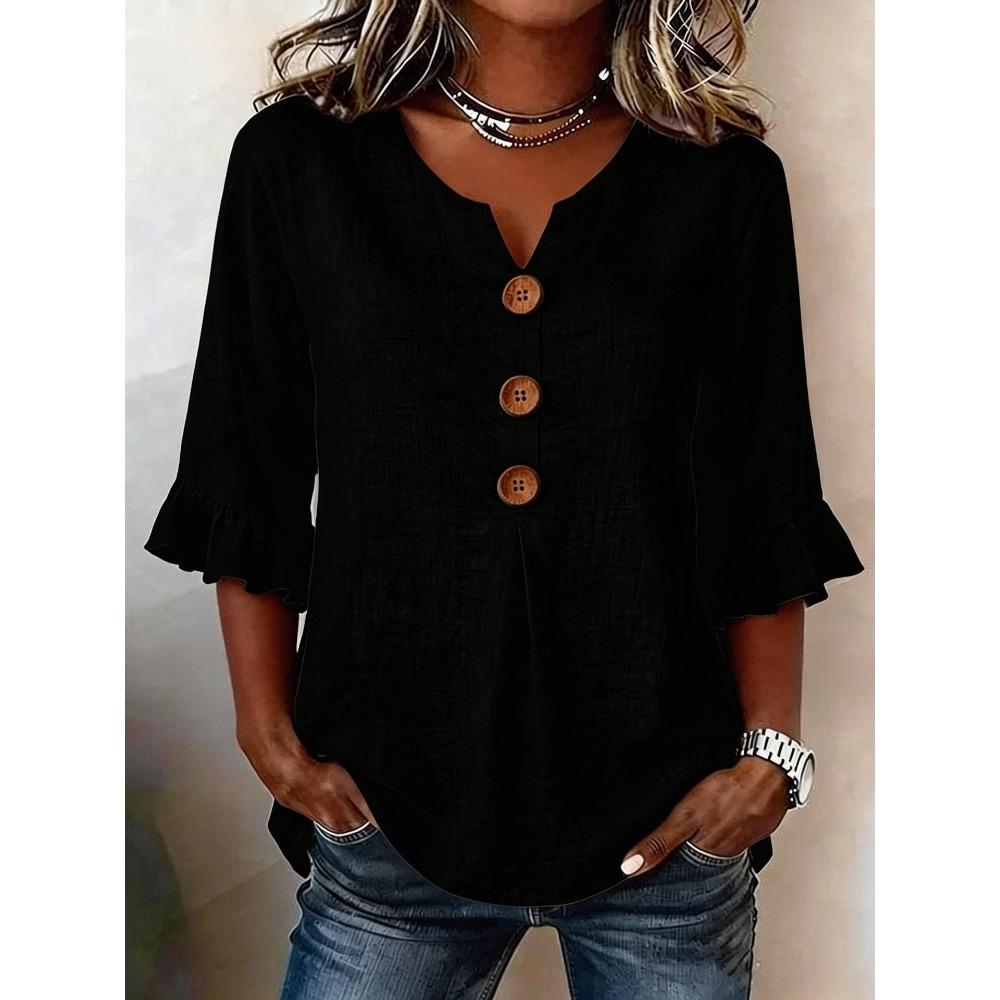 Women V Neck Button Blouse, Spring Summer Casual Top