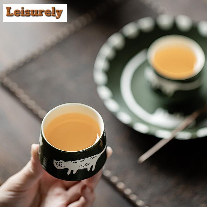 2pc/set Japanese Powder Yin Olive Green Teacup Handpainted Cat Jade Standing Cup Small Single Master Cup Mug Kung Fu Teaset 60ml