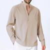 Spring Cotton Linen Shirts for Men  Regular Fit Business Casual Blouse Long Sleeve Mandarin Neck Solid Color Fashion Button Design Tshirt