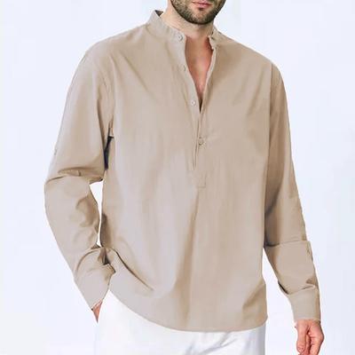 Jarné bavlnené ľanové košele pre mužov Regular strih Business casual blúzka Dlhý rukáv Mandarínsky golier Jednofarebná Módny gombíkový dizajn Tričko