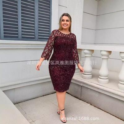 Women Plus Size Sequins Solid Round Neck Three Quarter Sleeve Pencil Midi Dress