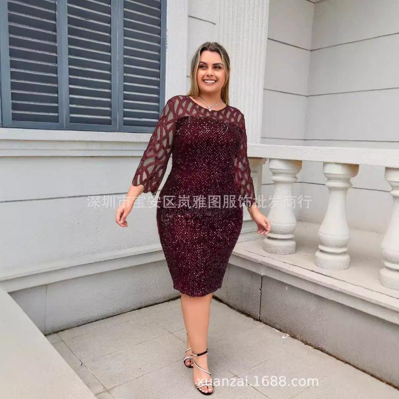 Damen Übergröße Pailletten Einfarbig Rundhals Dreiviertelarm Bleistift Midi Kleid
