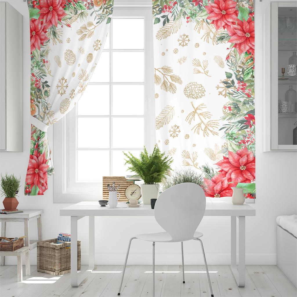 Christmas Flowers And Pine Leaves Blackout Curtains for Kids Home Decor Bedroom Living Room High Shading Window Curtains
