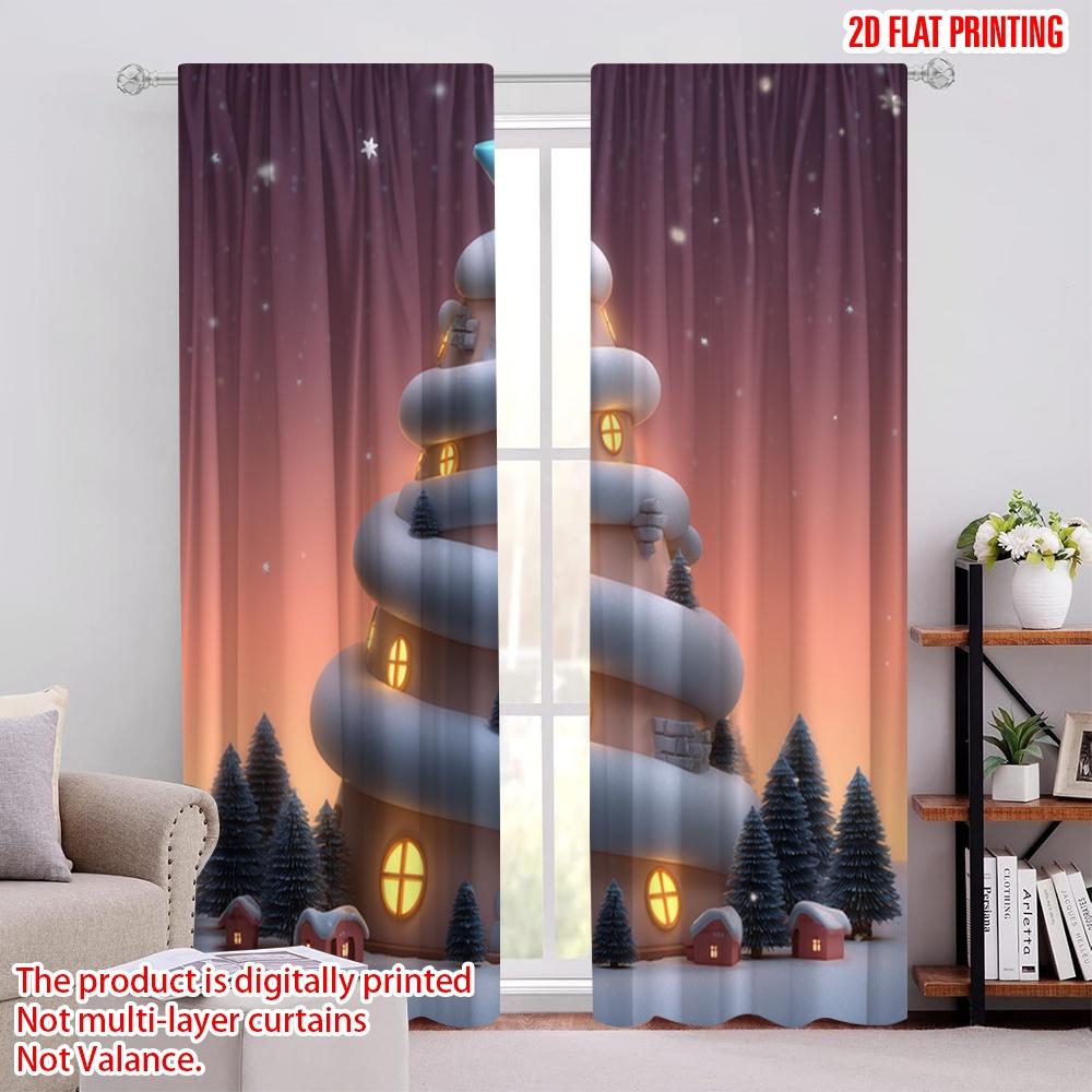 

Flat Printing Party Window Curtains Winter Christmas Tree House Digital Printed Polyester Drapes Family Perfect Set Of 2 Made W100*H70(CM)-Hooks&1PCS