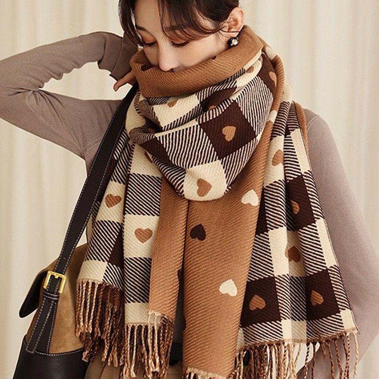 

Korean version peach heart plaid double-sided dual color versatile Instagram style autumn and winter student wool warm scarf for women